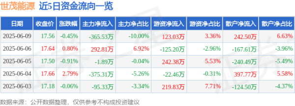 中博策略 股票行情快报：世茂能源（605028）6月9日主力资金净卖出365.53万元